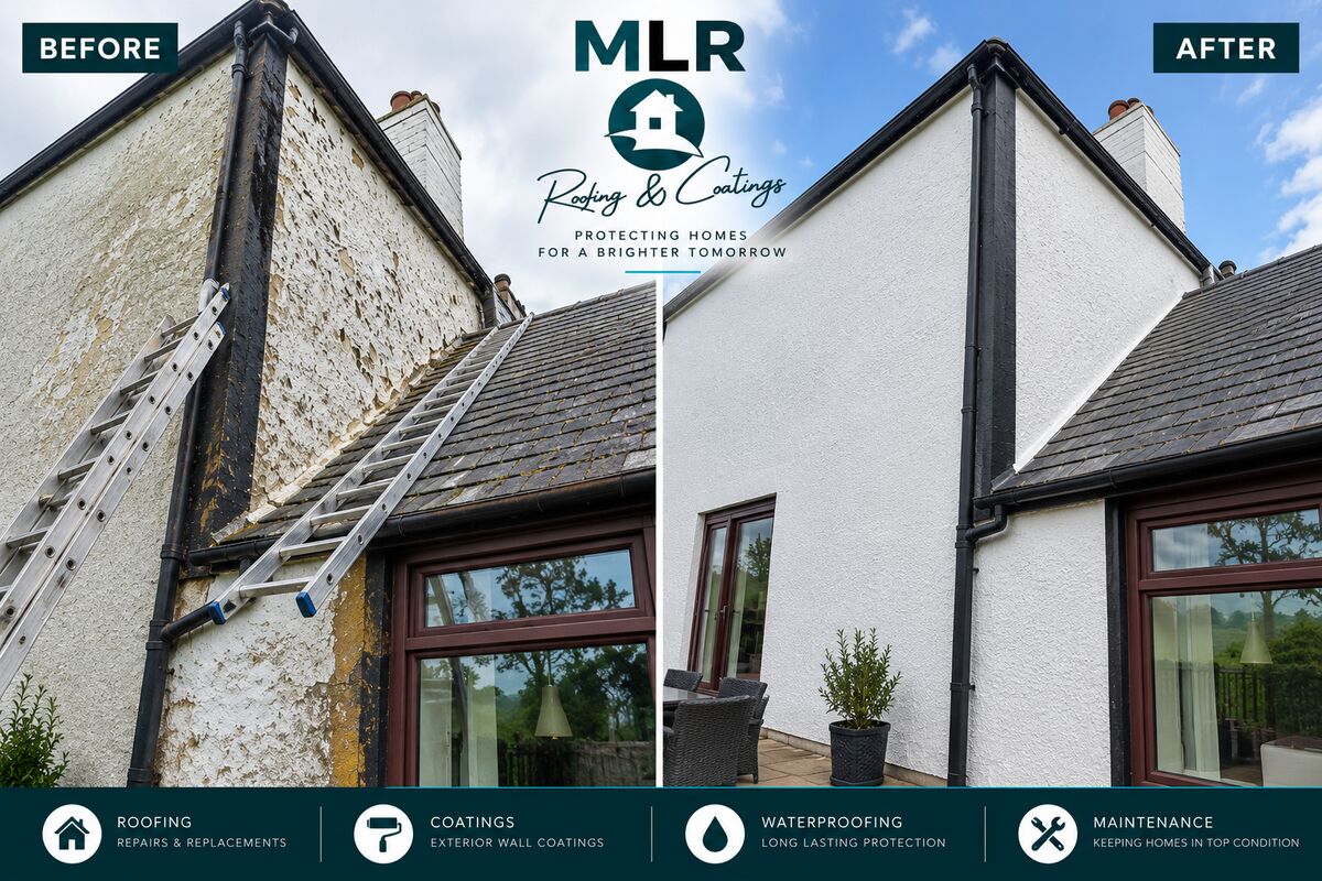 MLR Roofing & Coatings before and after: Stained render cleaned, repaired and coated