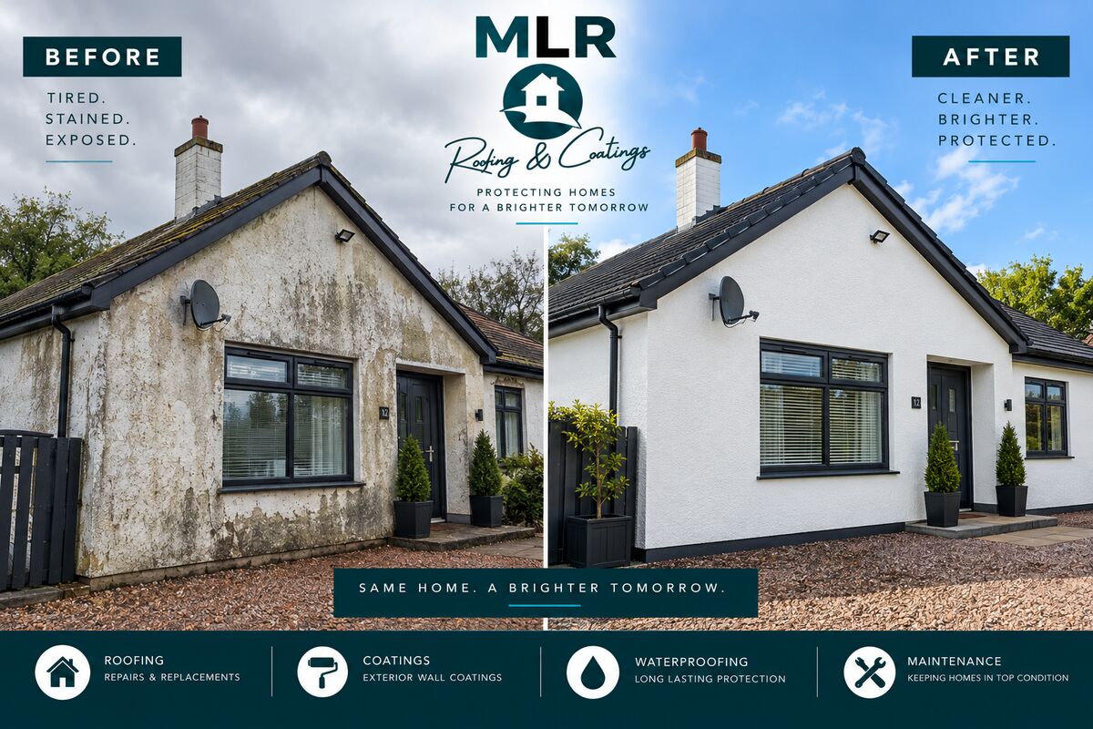 MLR Roofing & Coatings before and after: Bungalow: tired and stained to clean and bright