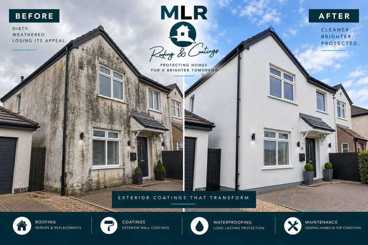 MLR Roofing & Coatings before and after: Detached home: dirty, weathered render restored