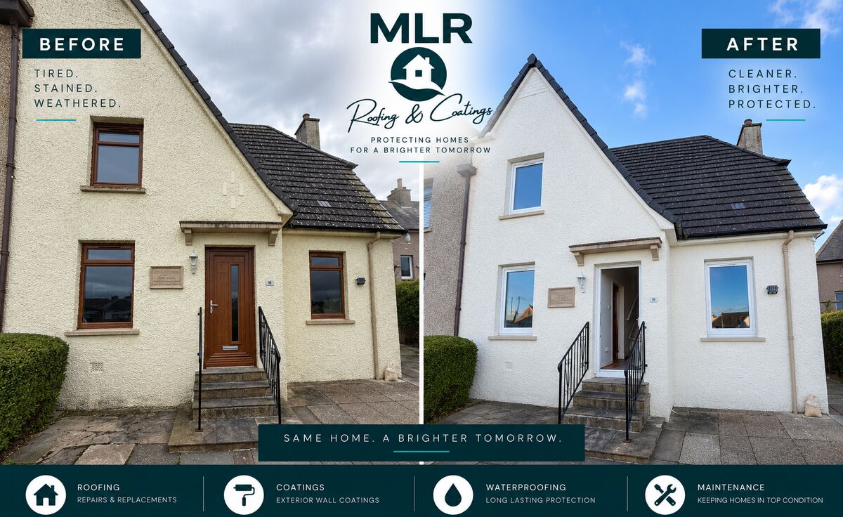 MLR Roofing & Coatings before and after: Semi-detached: stained render brought back to white